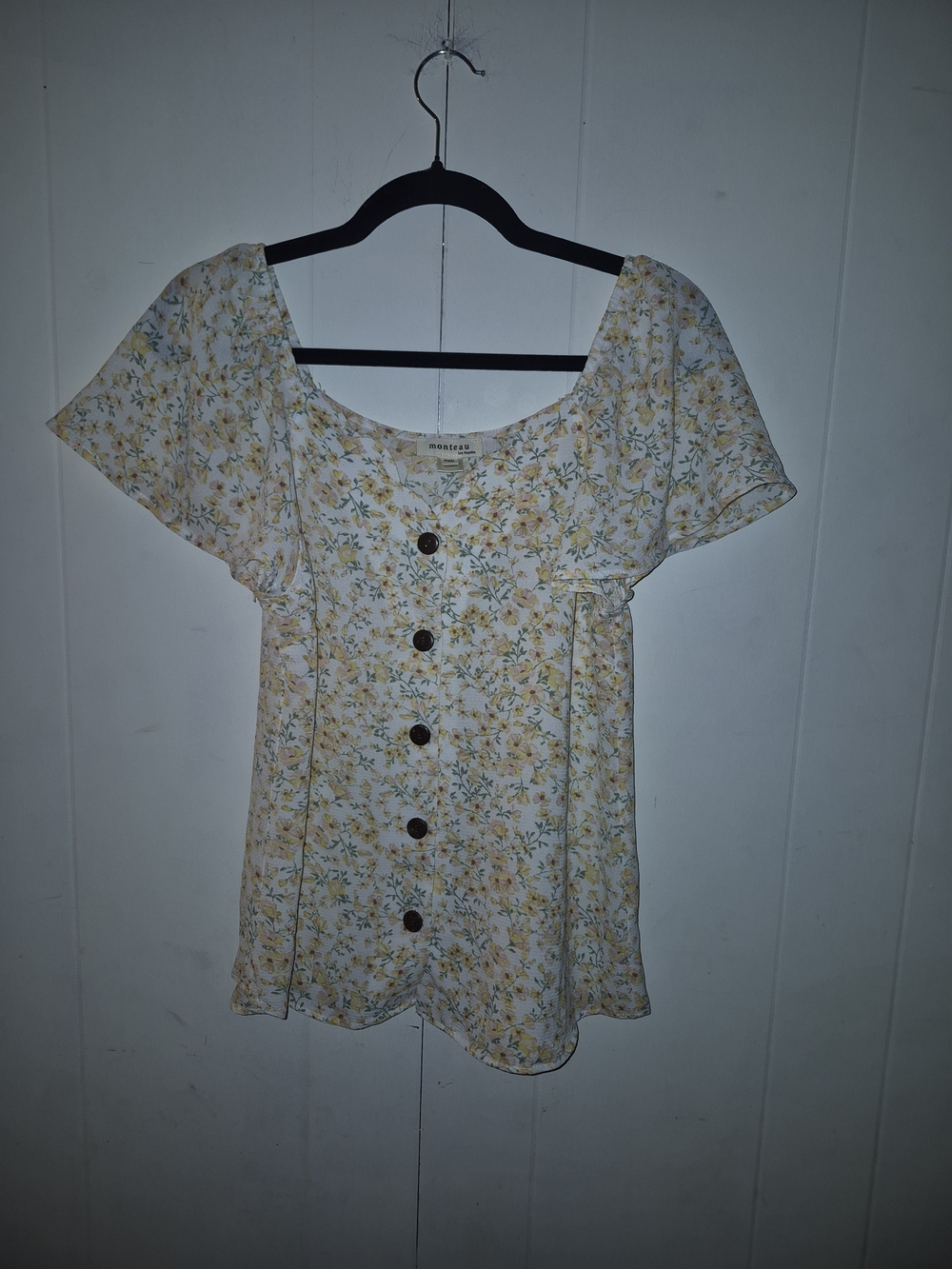 Monteau Yellow Floral Button-Front Square Neck Top